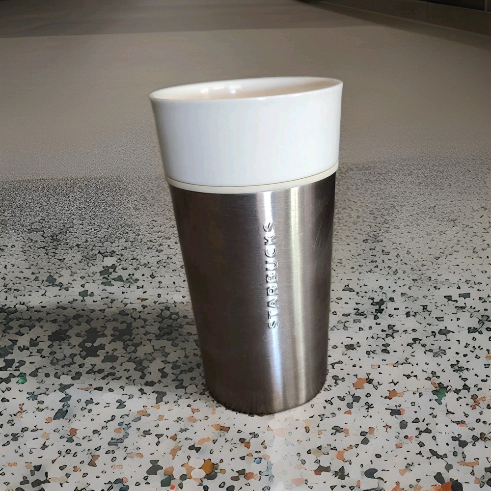 Starbucks White Ceramic Silver Stainless Steel Tumbler Mug Cup 12 oz 2013 No Lid